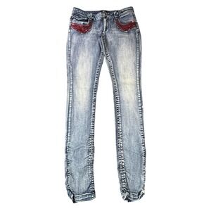 Akademiks Jeans Womens 32 Blue Denim Red Rhinestone Sequin Heart Pockets Y2K